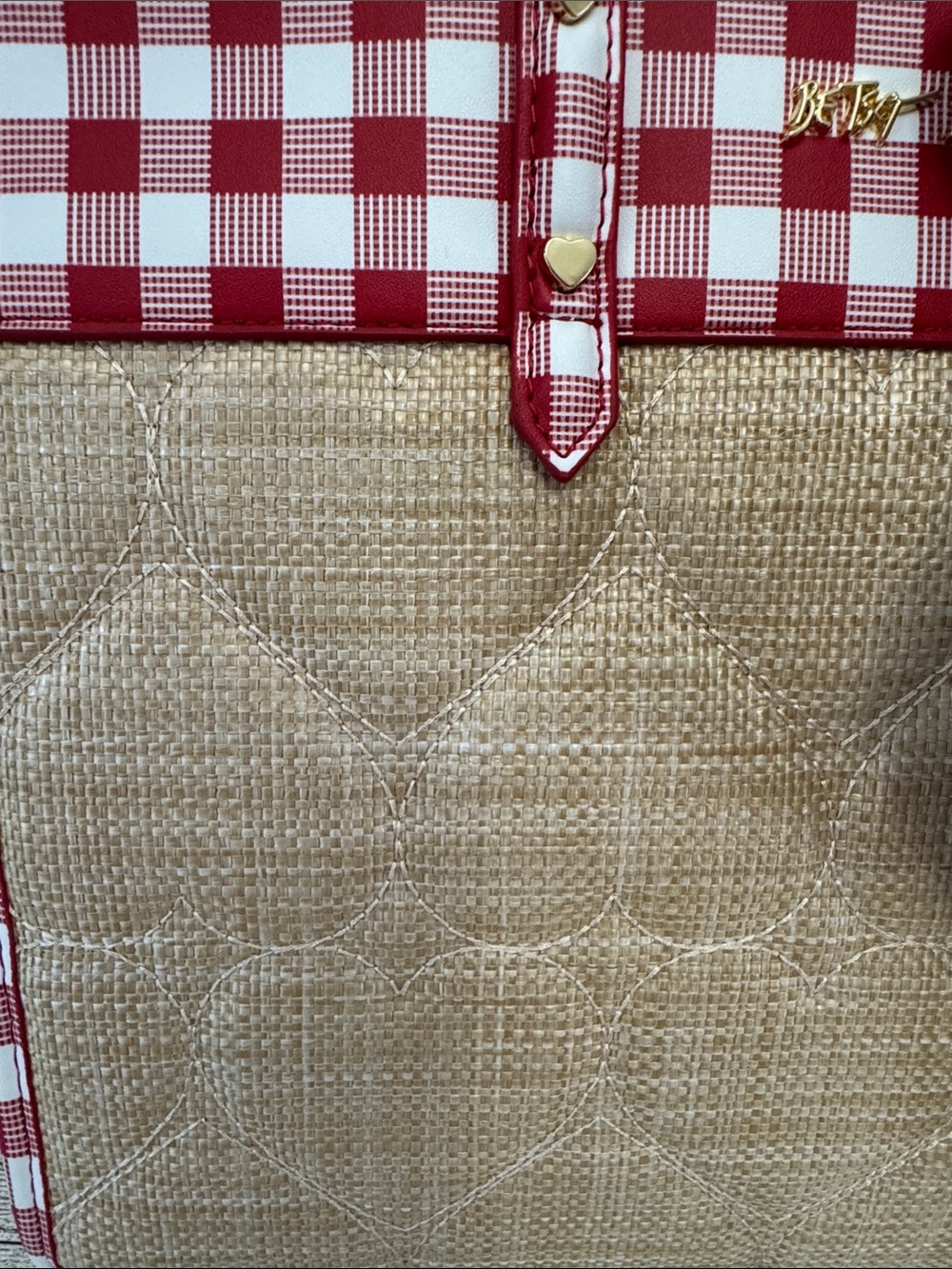 Betsey Johnson Red Gingham & Straw Tote NWT - Picture 6 of 10